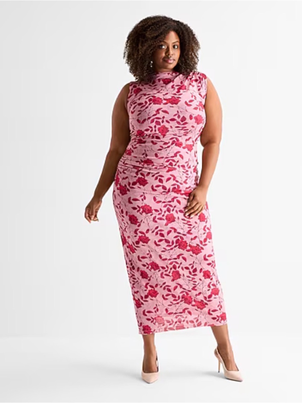 Ashley Graham Pink Floral High-Neck Maxi Dress